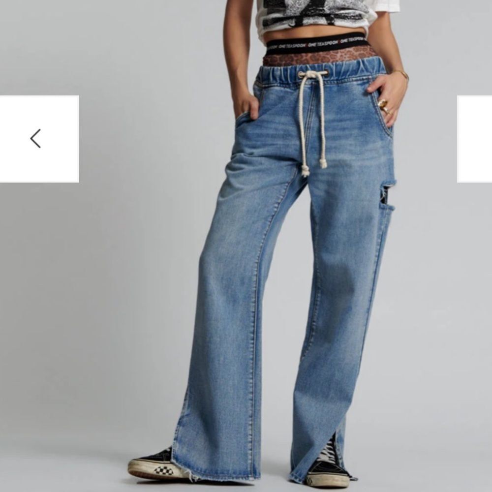 One Teaspoon XS BERLIN BLUE ROADHOUSE WIDE LEG DRAWSTRING JEANS